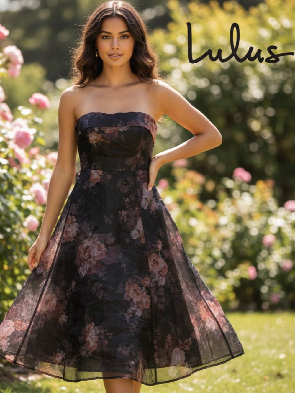 Lulus Elena Strapless Organza Midi Dress Floral Small Wedding Guest Flaw